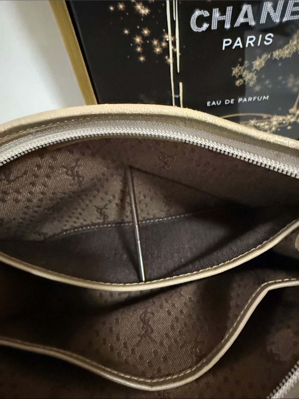 Yves Saint Laurent Gold Textured Toiletry Bag with YSL Oval Medallion - Picture 9 of 16